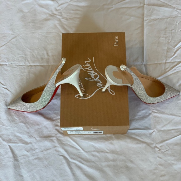 Christian Louboutin Clare Silver Glitter and White Heel Slingback, Size 42! - Picture 7 of 14